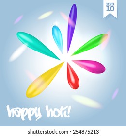 Colorful rainbow  holi festival drops of paint flying in different directions over blue sunny sky, vector concept illustration