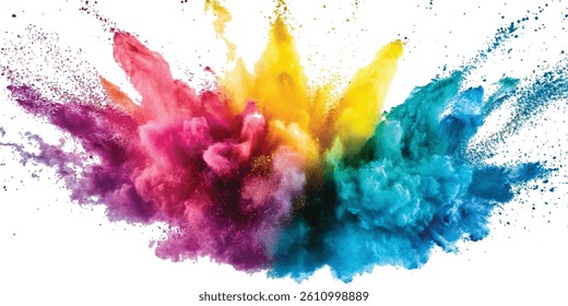 Colorful rainbow holi paint color powder explosion isolated white wide panorama.Colorful mixed rainbow powder explosion isolated on white background. Colorful ink powder splashes on white background.