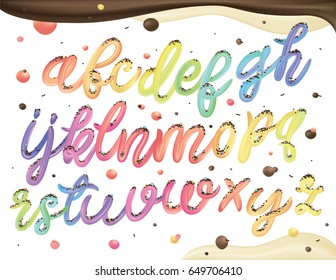 Colorful rainbow ice cream alphabet isolated on white background. 