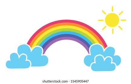 Colorful rainbow icon with cartoon clouds and sun isolated on white background. Vector EPS10 illustration.
