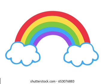 Colorful rainbow icon, vector illustration doodle drawing. Cartoon rainbow with two clouds.