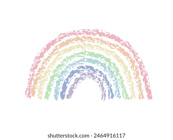 Colorful rainbow isolated on white. Kids drawing with chalk, crayon, pencil. Funny summer children illustration. Element for design. Doodle texture rainbow