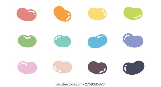 Colorful Rainbow jelly beans of various colors clipart. An assortment of childish cartoon jellybeans in a set grid pattern. Small bright colored bean shaped candies with a chewy interior covered with a shiny candy shell. Vector illustration EPS 10.

