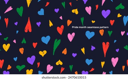 Colorido arco iris lgbt amor corazón sin patrón de Vector. Ilustración LGBT con corazones diversos, fondo de orgullo gay estampado negro. Textura del telón de fondo del mes de vacaciones del orgullo, diseño de grupo de diversidad.