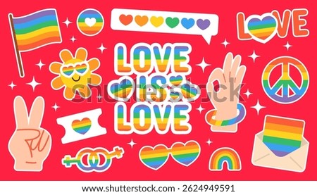 Colorful Rainbow LGBT Vector Stickers – Gay Pride Elements Including Flags, Hearts, Peace Signs, and Love Icons for Equality, LGBTQ Awareness, and Celebration Design Projects
