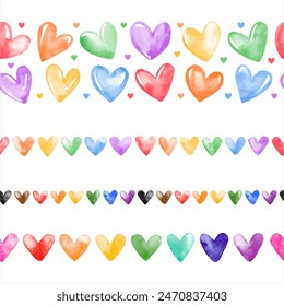 Colorful rainbow LGBT watercolor hearts seamless horizontal vector borders set, frame templates. Hand drawn artistic watercolour hearts, aquarelle stains. Valentine's Day, Gay Pride backgrounds.