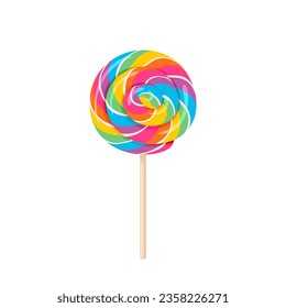 Colorful rainbow lollipop on wooden stick. Vector cartoon flat illustration of swirl round candy.