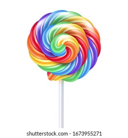 Colorful rainbow lollipop - sweet hard candy on stick. Confectionary vector design.