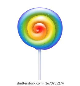 Colorful rainbow lollipop - sweet hard candy on stick. Confectionary vector design.