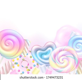 Colorful Rainbow Lollipops, Cotton Candy And Donut Background. Sweets And Candies Poster Design.