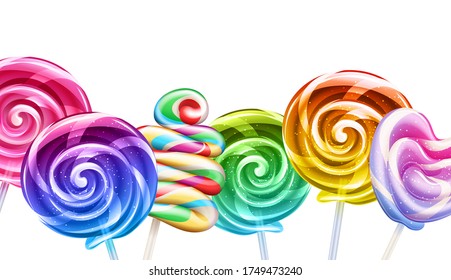 Colorful rainbow lollipops - sweet hard candies on stick. Confectionary vector background.