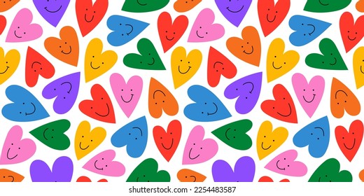 Colorful rainbow love heart seamless pattern illustration with funny smiling face. Diverse hearts background print. Valentine's day holiday backdrop texture, diversity group design.	