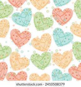 Colorful rainbow love heart seamless pattern illustration with funny smiling face.  Diverse hearts background print. 