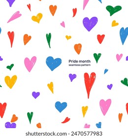 Colorful rainbow love heart seamless pattern vector. LGBT Wallpaper illustration with diverse hearts, gay pride background print. Pride month holiday backdrop texture, diversity group design.