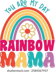 Colorful Rainbow Mama Design for Mothers Day. A vibrant, retro-style graphic design featuring a rainbow, a daisy, and the words "Rainbow Mama".