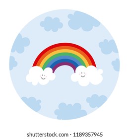 colorful rainbow on blue cloudy sky round shaped isolated illustration