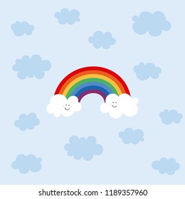 colorful rainbow on blue cloudy sky square shaped isolated illustration