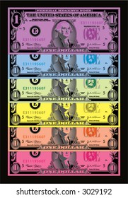 a colorful rainbow of one dollar bills