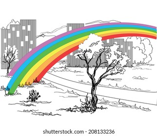 A colorful rainbow over a black and white city - a graphic drawing, a tree grows along the road