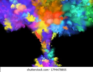 Colorful rainbow paint drops from above mixing in water. Ink swirling underwater