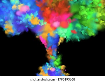 Colorful rainbow paint drops from above mixing in water. Ink swirling underwater.