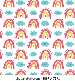 Colorful rainbow pattern with clouds. Kids nursery. Hand drawn design for wallpaper, fabric, wrapping, apparel. Baby shower. Vector illustration with white background