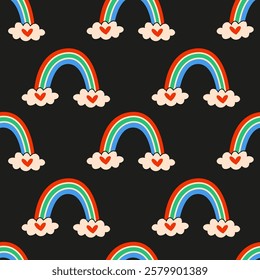 A Colorful Rainbow Pattern Featuring Joyful Hearts and Soft Clouds in a Bright Design