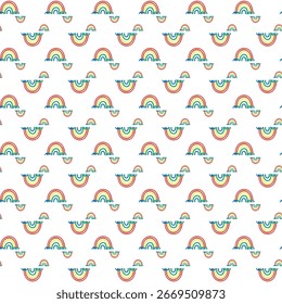 Farbiges Regenbogenmuster auf weißem Hintergrund mit Cartoon-ähnlichen Wolken