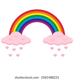 Colorful rainbow with pink clouds and hearts isolated on white background. Vector illustration.