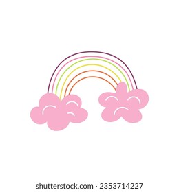 Colorful rainbow with pink clouds. Weather icon. Cartoon vector illustration isolated on white background. Stylish girly cute sticker, print