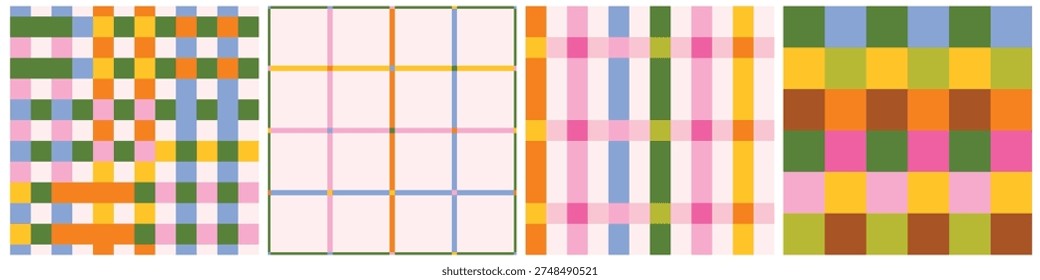 Colorful rainbow Plaid Seamless Pattern Set with Modern Checkered and geometric Grid Designs. Perfect for fabric prints, wallpaper, wrapping paper, stationery, packaging, surface pattern design.