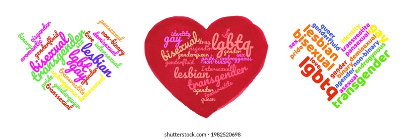 Colorida forma de corazón del Orgullo Arcoiris Tagcloud aislada de fondo blanco. Ilustración con palabras