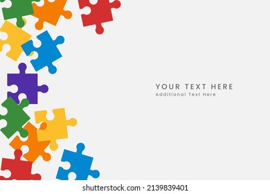 Colorful rainbow puzzle jigsaw pieces frame background. Purple, yellow, blue, green, red, orange puzzle separate pieces mosaic , detail, tile. Modern game team group template.