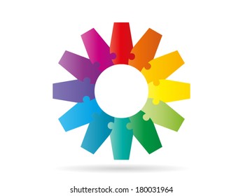 Colorful rainbow puzzle pieces forming a circle gear pattern vector illustration graphic isolated on white background