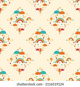 colorful rainbow rain with cloud fabric seamless cute pattern