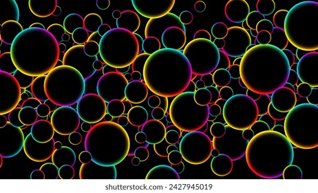 Colorful rainbow random flying glowing circles, spheres or bubbles. Luminous floating balls shine with rainbow colors on black background. Fluorescent circle particles dynamic flow. Vector background