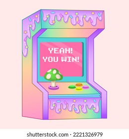 Colorful rainbow retro arcade game machine with candy flow illustration. Pixel gaming machine for girl gamer. Old school purple gaming device.