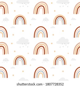 Colorful rainbow seamless pattern in bohemian style with rainbows isolated white background. Brown, red, beige and neutral colored rainbows with stars and clouds, Vector illustration