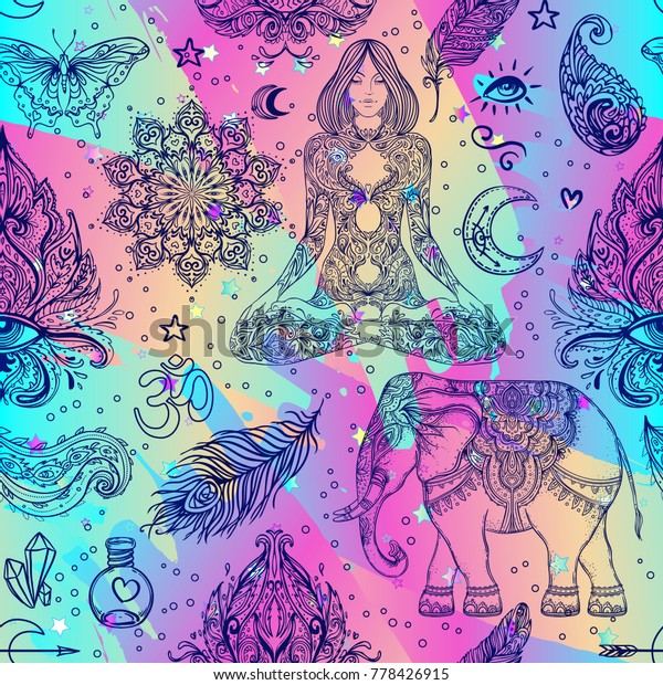 Download Colorful Rainbow Seamless Pattern Ornamental Boho Stock ...