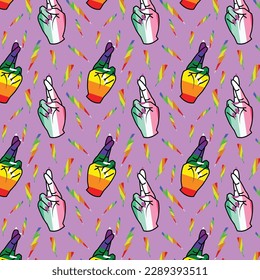 Colorful Rainbow Seamless Vector Pattern, Pride Hand Signs With thunder Icons, Abrosexual LGBT Design On Pink Background