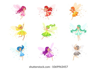 Colorful Rainbow Set Of Cute Girly Fairies With Winds And Long Hair Dancing Surrounded By Sparks And Stars In Pretty Dresses