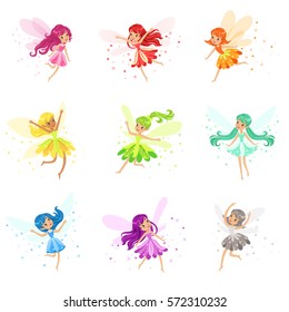 Colorful Rainbow Set Of Cute Girly Fairies With Winds And Long Hair Dancing Surrounded By Sparks And Stars In Pretty Dresses