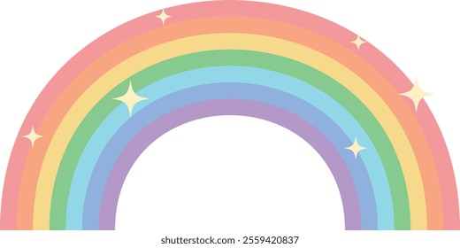 Colorful rainbow with seven bands: red, orange, yellow, green, blue, indigo, and violet. Sparkling stars are scattered across the rainbow, adding a magical touch.