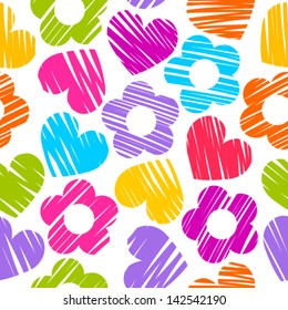 Colorful rainbow sketchy hearts and flowers seamless pattern/ background
