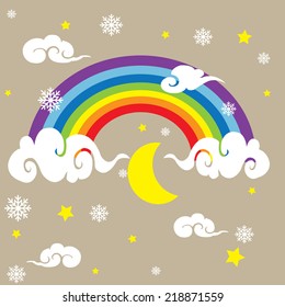 Colorful rainbow. A rainbow ,  snowflake and clouds in the sky.