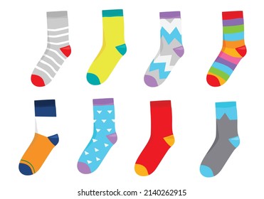 Colorful Rainbow Socks With Different Pattern. Footwear Collection. Variety Of Knitted Knee High Socks And Tights. Clothing And Apparel. Fashion.