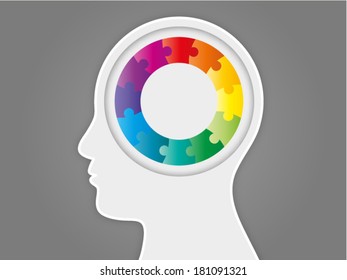 Colorful rainbow spectrum puzzle head presentation vector graphic template