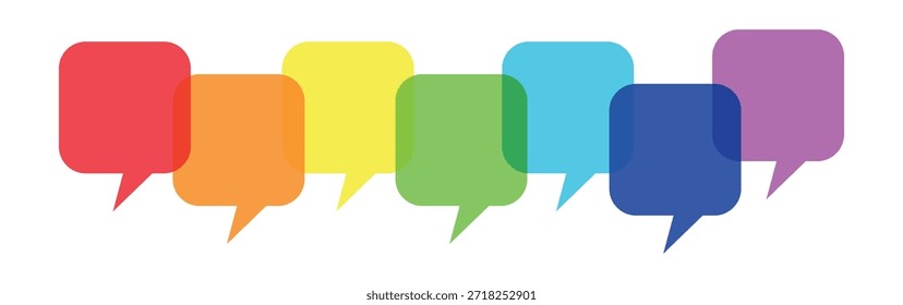Conjunto colorido de la burbuja del discurso del arco iris con las Formas redondeadas superpuestas, iconos planos modernos del chat en los Colores brillantes del arco iris para el diseño de la comunicación, mensajes de los medios sociales, conceptos del diálogo