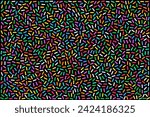 Colorful rainbow sprinkles, illustration on black background. Multicolored rod-shaped sugar sprinkles, tiny candies in a variety of eight different colors, used as sweet decoration and topping. Vector