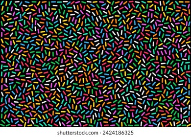 Colorful rainbow sprinkles, illustration on black background. Multicolored rod-shaped sugar sprinkles, tiny candies in a variety of eight different colors, used as sweet decoration and topping. Vector